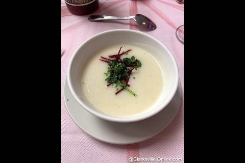 The French classic, Soupe du Barry, a cauliflower soup made with potatoes, stock and cream, topped with slivers of beets.