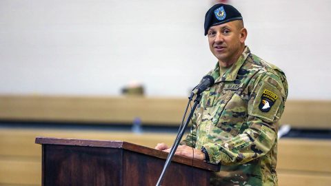 Command Sgt. Maj. Gabelmann, senior enlisted advisor, 1st Brigade Combat Team, 101st Airborne Division (Air Assault) delivers heartfelt remarks March 3 during his change of responsibility ceremony in Sabo Physical Fitness Center on Fort Campbell, KY. Gabelmann has been the senior enlisted advisor for 1st BCT for 30 months. (U.S. Army Photo by Sgt. James Griffin) 