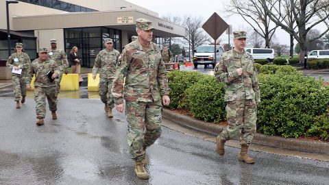 BACH Commander Col. Patrick T. Birchfield (right) leads 101st Airborne Division (Air Assault) and Fort Campbell Commanding General, Maj. Gen. Brian Winski (left) to a drive-up clinic established outside the hospital where medical staff are seeing patients referred for possible coronavirus, COVID-19 related symptoms. The general visited BACH for a first-hand look at the hospital’s many preparations to respond to the coronavirus, COVID-19 pandemic. (U.S. Army photo by Maria Yager) BACH Commander Col. Patrick T. Birchfield (right) leads 101st Airborne Division (Air Assault) and Fort Campbell Commanding General, Maj. Gen. Brian Winski (left) to a drive-up clinic established outside the hospital where medical staff are seeing patients referred for possible coronavirus, COVID-19 related symptoms. The general visited BACH for a first-hand look at the hospital’s many preparations to respond to the coronavirus, COVID-19 pandemic. (U.S. Army photo by Maria Yager)