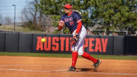 Austin Peay State University Softball sophomore pitcher #20 Harley Mullins gives solid performance against UMass Lowell, Saturday. (APSU Sports Information)