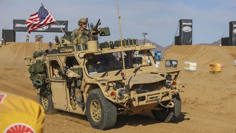 Green Berets with the 5th Special Forces Group (Airborne), accelerate their Ground Mobility Vehicle 1.1 as they start their first lap in the Mint 400, March 06, 2020, in Primm, Nevada. (Staff Sgt. Justin Moeller, 5th SFG(A) Public Affairs) 