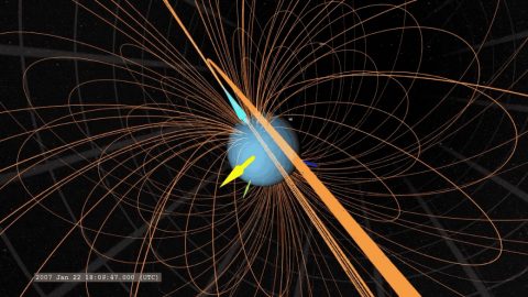 This graphic shows Uranus' magnetic field. The yellow arrow points to the Sun, the light blue arrow marks Uranus' magnetic axis, and the dark blue arrow marks Uranus' rotation axis. (NASA/Scientific Visualization Studio/Tom Bridgman) This graphic shows Uranus' magnetic field. The yellow arrow points to the Sun, the light blue arrow marks Uranus' magnetic axis, and the dark blue arrow marks Uranus' rotation axis. (NASA/Scientific Visualization Studio/Tom Bridgman)