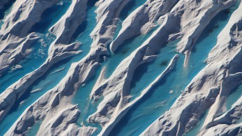 Crevasses in southern Greenland are visible from a 2017 Operation IceBridge airborne survey of the region. (NASA/Operation IceBridge)