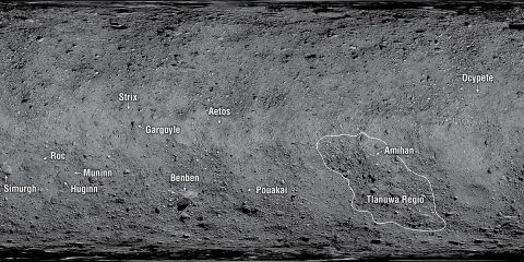 This flat projection mosaic of asteroid Bennu shows the locations of the first 12 surface features to receive official names from the International Astronomical Union. The accepted names were proposed by NASA’s OSIRIS-REx team members, who have been mapping the asteroid in detail over the last year. Bennu’s surface features are named after birds and bird-like creatures in mythology, and the places associated with them. (NASA/Goddard/University of Arizona)