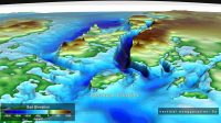 This illustration shows a vertically exaggerated image of the ground under Denman Glacier in East Antarctica, including a deep trough (blue area in the center) beneath its eastern flank. (NASA’s Scientific Visualization Studio)