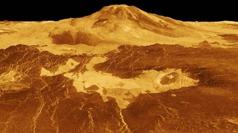 Maat Mons is displayed in this computer-generated, three-dimensional perspective of the surface of Venus. The viewpoint is located 634 kilometers (393 miles) north of Maat Mons at an elevation of 3 kilometers (2 miles) above the terrain. Lava flows extend for hundreds of kilometers across the fractured plains shown in the foreground to the base of Maat Mons. (NASA/JPL) Maat Mons is displayed in this computer-generated, three-dimensional perspective of the surface of Venus. The viewpoint is located 634 kilometers (393 miles) north of Maat Mons at an elevation of 3 kilometers (2 miles) above the terrain. Lava flows extend for hundreds of kilometers across the fractured plains shown in the foreground to the base of Maat Mons. (NASA/JPL)