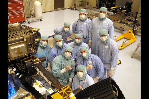 Members of JPL's assembly, test and launch operations team for NASA's Perseverance mission show appreciation for their newly named rover. The image was taken on March 4, 2020, at a payload processing facility at NASA's Kennedy Space Center. (NASA/JPL-Caltech)