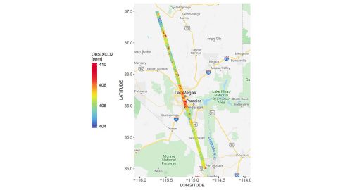 A spatial map of the amount of carbon dioxide (CO2) present in columns of the atmosphere below NASA's Orbiting Carbon Observatory-2 (OCO-2) satellite as it flew over Las Vegas on Feb. 8, 2018. Warmer colors over the city center indicate higher amounts of carbon dioxide. (NASA/JPL-Caltech/University of Utah)