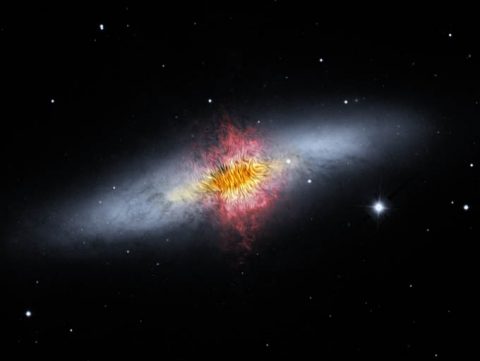 Composite image of the Cigar Galaxy, a starburst galaxy about 12 million light-years away in the constellation Ursa Major. The magnetic field detected by SOFIA, shown as streamlines, appears to follow the bipolar outflows (red) generated by the intense nuclear starburst. (NASA/SOFIA/Enrique Lopez-Rodriguez; NASA/JPL-Caltech)