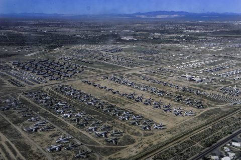 An aerial view of Davis-Mothan Air Force Base in Tuscon, Arizona shows “The Boneyard” where thousands of aircraft are stored or have retired to. Several parts of NASA’s X-59 QueSST airplane came from donor aircraft here. (U.S. Navy)