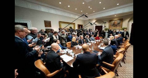 President Donald Trump and Vice President Mike Pence participate in a Coronavirus briefing with health insurers. (White House Photo)