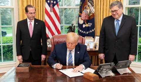 President Trump, joined by Health and Human Services Secretary Alex Azar and Attorney General William Barr, signs an Executive Order to Prevent Hoarding and Price Gouging