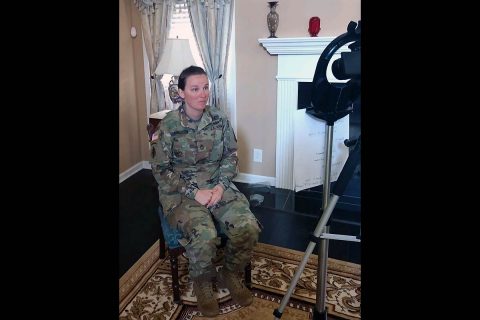 Sgt. 1st Class Emma Anderson, Ready and Resilient program manager, shoots a video from her home about how to keep the COVID-19 pandemic in perspective for the Fort Campbell Ready and Resilient Facebook page. (Contributed photo)