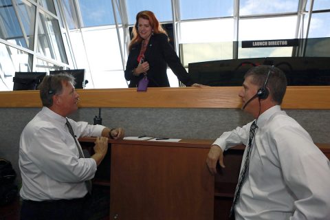 NASA Launch Director Charlie Blackwell-Thompson, above, confers with Senior NASA Test Director Jeff Spaulding, left, and Test, Launch and Recovery Operations Branch Chief Jeremy Graeber in Firing Room 1 at Kennedy Space Center's Launch Control Center during a countdown simulation. (NASA/Cory Huston) NASA Launch Director Charlie Blackwell-Thompson, above, confers with Senior NASA Test Director Jeff Spaulding, left, and Test, Launch and Recovery Operations Branch Chief Jeremy Graeber in Firing Room 1 at Kennedy Space Center's Launch Control Center during a countdown simulation. (NASA/Cory Huston)