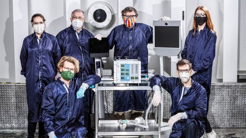 Clockwise from bottom left: Brandon Metz, Shaunessy Grant, Michael Johnson, Dave Van Buren, Michelle Easter and Patrick Degrosse are among dozens of engineers at JPL involved in creating VITAL, a ventilator prototype specially targeted to coronavirus disease patients. (NASA/JPL-Caltech)