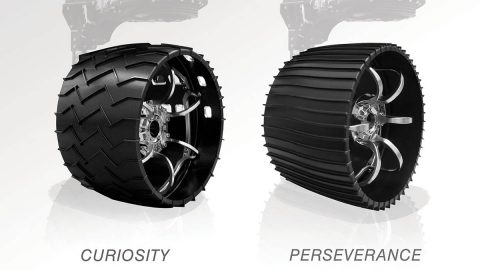 Illustrated here, the aluminum wheels of NASA's Curiosity (left) and Perseverance rovers. Slightly larger in diameter and narrower, 20.7 inches (52.6 centimeters) versus 20 inches (50.8 centimeters), Perseverance's wheels have twice as many treads, and are gently curved instead of chevron-patterned. (NASA/JPL-Caltech)