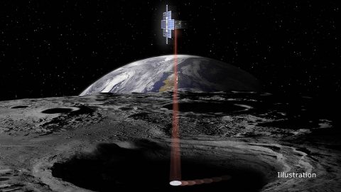 This artist's concept shows the briefcase-sized Lunar Flashlight spacecraft using its near-infrared lasers to shine light into shaded polar regions on the Moon to look for water ice. (NASA/JPL-Caltech) This artist's concept shows the briefcase-sized Lunar Flashlight spacecraft using its near-infrared lasers to shine light into shaded polar regions on the Moon to look for water ice. (NASA/JPL-Caltech)