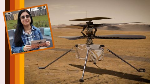 Vaneeza Rupani (inset), a junior at Tuscaloosa County High School in Northport, Alabama, came up with the name Ingenuity for NASA's Mars Helicopter (an artist's impression of which is seen here) and the motivation behind it during NASA's "Name the Rover" essay contest. (NASA/JPL-Caltech/NIA/Rupani Family)