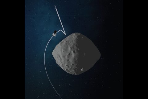 This artist’s concept shows the trajectory and configuration of NASA’s OSIRIS-REx spacecraft during Checkpoint rehearsal, which is the first time the mission will practice the initial steps for collecting a sample from asteroid Bennu. (NASA/Goddard/University of Arizona)