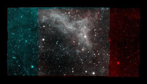 NASA's Spitzer Space Telescope took this image of the California Nebula on Jan. 25, 2020, five days before the spacecraft was decommissioned. The red and blue bands on either side of the image represent two different wavelengths of light; the gray area shows both wavelengths. (NASA/JPL-Caltech)