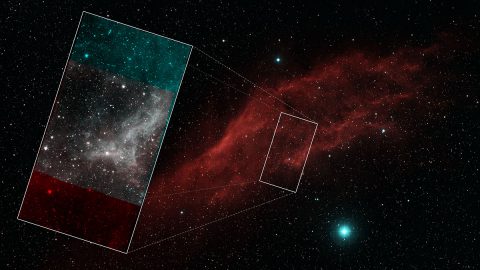 This view shows the California Nebula imaged in visible light. The inset shows a section of the nebula imaged by NASA's recently retired Spitzer Space Telescope, which studied the universe in infrared light. (NASA/JPL-Caltech/ Palomar Digitized Sky Survey)