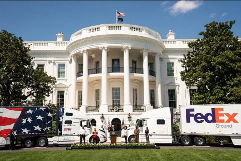 President Donald Trump and Transportation Secretary Elaine Chao celebrate America’s truckers on the White House’s South Lawn. (White House)