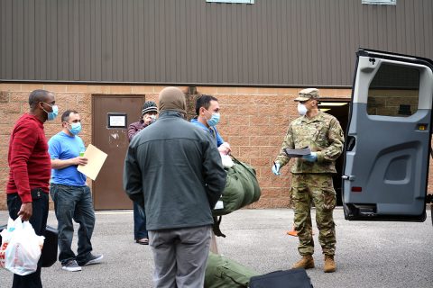 First Lt. Michael De Leo (far right), a logistics officer assigned to 101st Division Sustainment Brigade, 101st Airborne Division (Air Assault), briefs 101st DSB Soldiers upon their return to Fort Campbell, May 22nd. (U.S. Army photo by Sgt. 1st Class Carlos Davis, 101st Division Sustainment Brigade Public Affairs).