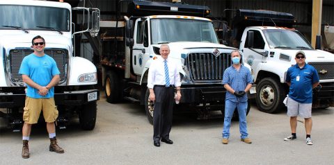 Health & Safety Manager Wes Golden, left, Mayor Joe Pitts and Safety Coordinators Jim Dabbs and Joe Bland gathered Tuesday at the Street Department to serve lunch to employees  and celebrate the City’s improving workplace safety record.