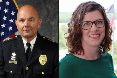 (L to R) Newly appointed Clarksville Police Chief David Crockarell and Department of Internal Audit Director Stephanie Fox.