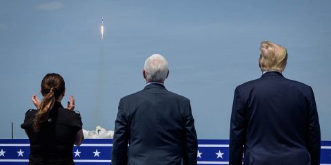 President Donald Trump, right, Vice President Mike Pence, and Second Lady Karen Pence watch the launch of a SpaceX Falcon 9 rocket carrying the company's Crew Dragon spacecraft on NASA’s SpaceX Demo-2 mission with NASA astronauts Robert Behnken and Douglas Hurley onboard, Saturday, May 30, 2020, from the balcony of Operations Support Building II at NASA’s Kennedy Space Center in Florida. (NASA/Bill Ingalls)