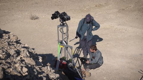 Standing in for a rover, a field team sets up equipment in a dry lakebed in the Nevada desert in February 2020. As part of the exercise, scientists spread around the world sent commands for images and data, as they will once Perseverance lands on Mars in February 2021. (NASA/JPL-Caltech)