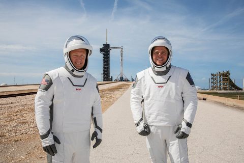 NASA astronauts Douglas Hurley (left) and Robert Behnken (right) participate in a dress rehearsal for launch at the agency’s Kennedy Space Center in Florida on May 23, 2020, ahead of NASA’s SpaceX Demo-2 mission to the International Space Station. Demo-2 will serve as an end-to-end flight test of SpaceX’s crew transportation system, providing valuable data toward NASA certifying the system for regular, crewed missions to the orbiting laboratory under the agency’s Commercial Crew Program. The launch is now scheduled for 2:22pm CDT Saturday, May 30th. (NASA/Kim Shiflett)