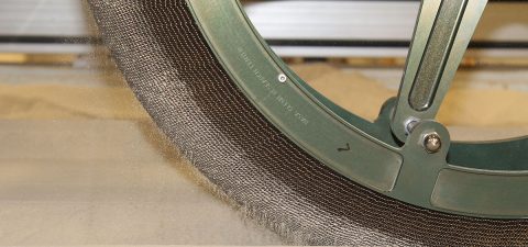 The new shape memory alloy rover tire developed for the harsh Martian landscape is tested at NASA Glenn’s Simulated Lunar Operations Laboratory. (NASA) The new shape memory alloy rover tire developed for the harsh Martian landscape is tested at NASA Glenn’s Simulated Lunar Operations Laboratory. (NASA)