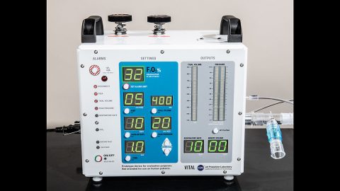 A front-facing portrait of NASA's VITAL (Ventilator Intervention Technology Accessible Locally), a ventilator designed and built by NASA's Jet Propulsion Laboratory in Southern California. (NASA/JPL-Caltech)