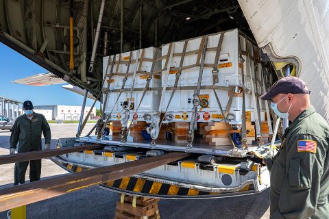 Some of the nearly 5,000 pounds (2,270 kilograms) of Perseverance mission flight hardware, test gear and equipment delivered to Kennedy Space Center on May 11, 2020, is unloaded from a NASA Wallops C-130. (NASA)