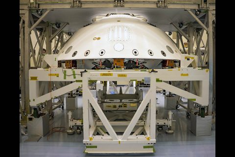 The cone-shaped back shell for NASA's Perseverance rover mission is shown in this April 29, 2020, image from the Kennedy Space Center in Florida. (NASA/JPL-Caltech)