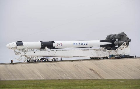 A SpaceX Falcon 9 rocket with the company's Crew Dragon spacecraft onboard as it is rolled to the launch pad at Launch Complex 39A for NASA’s SpaceX Demo-1 mission on Feb. 28, 2019 at NASA’s Kennedy Space Center in Florida. (NASA/Joel Kowsky)