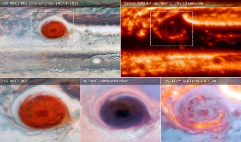 Images of Jupiter's Great Red Spot were made using data collected by the Hubble Space Telescope and the Gemini Observatory on April 1, 2018. (NASA, ESA, and M.H. Wong (UC Berkeley) and team)