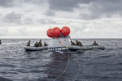 During Underway Recovery Test-8 in March, NASA's Landing and Recovery team from Exploration Ground Systems at Kennedy Space Center performs its first full mission profile test of the recovery procedures for Artemis I aboard the USS John P. Murtha in the Pacific Ocean. (NASA/Kenny Allen) During Underway Recovery Test-8 in March, NASA's Landing and Recovery team from Exploration Ground Systems at Kennedy Space Center performs its first full mission profile test of the recovery procedures for Artemis I aboard the USS John P. Murtha in the Pacific Ocean. (NASA/Kenny Allen)
