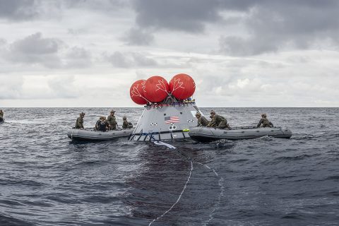 During Underway Recovery Test-8 in March, NASA's Landing and Recovery team from Exploration Ground Systems at Kennedy Space Center performs its first full mission profile test of the recovery procedures for Artemis I aboard the USS John P. Murtha in the Pacific Ocean. (NASA/Kenny Allen)