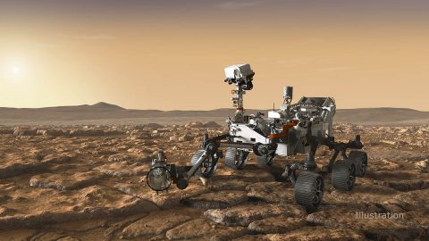 As seen in this artist's concept, the SHERLOC instrument is located on the end of the robotic arm of NASA's Perseverance Mars rover. (NASA/JPL-Caltech)