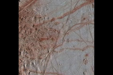 In this gallery of three newly reprocessed Europa images, details are visible in the variety of features on the moon's icy surface. This image of an area called Chaos Transition shows blocks that have moved and ridges possibly related to how the crust fractures from the force of Jupiter's gravity. (NASA/JPL-Caltech/SETI Institute) In this gallery of three newly reprocessed Europa images, details are visible in the variety of features on the moon's icy surface. This image of an area called Chaos Transition shows blocks that have moved and ridges possibly related to how the crust fractures from the force of Jupiter's gravity. (NASA/JPL-Caltech/SETI Institute)