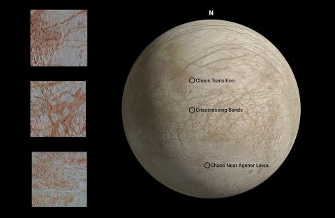 The above map shows locations where each image, showcasing a variety of features, was captured by Galileo during its eighth targeted flyby of Jupiter's moon Europa. (NASA/JPL-Caltech) The above map shows locations where each image, showcasing a variety of features, was captured by Galileo during its eighth targeted flyby of Jupiter's moon Europa. (NASA/JPL-Caltech)
