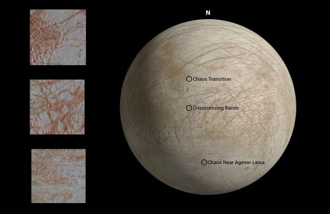 The above map shows locations where each image, showcasing a variety of features, was captured by Galileo during its eighth targeted flyby of Jupiter's moon Europa. (NASA/JPL-Caltech)