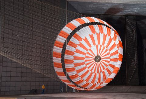 In this June 2017 photo, the supersonic parachute design that will land NASA's Perseverance rover on Mars on Feb. 18, 2021, undergoes testing in a wind tunnel at NASA's Ames Research Center in California's Silicon Valley. (NASA/JPL-Caltech/Ames)