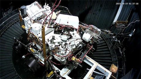 This photo shows the deployment of the Perseverance rover's remote sensing mast during a cold test in a space simulation chamber at NASA's Jet Propulsion Laboratory. The test took place in October 2019. (NASA/JPL-Caltech)