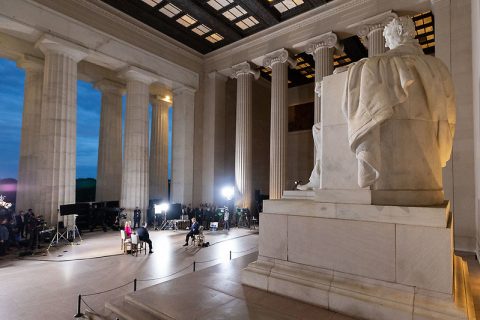 President Donald Trump participates in a FOX News Channel virtual town hall live from the Lincoln Memorial. (White House) President Donald Trump participates in a FOX News Channel virtual town hall live from the Lincoln Memorial. (White House)