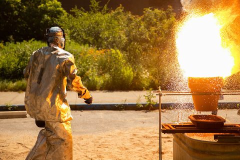 Austin Peay State University’s Professional Mad Scientist Bryan Gaither steps away after igniting 1.3 pounds of thermite. (APSU)