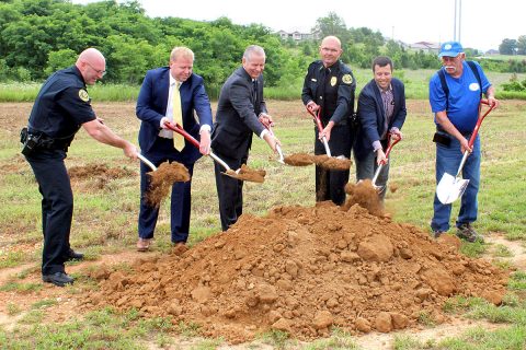 Handling the ceremonial groundbreaking for Clarksville’s District 3 Police Precinct were (L to R), Captain James Smith, City Councilman Jeff Henlen, Clarksville Mayor Joe Pitts, Clarksville Police Chief David Crockarell, Daniel Binkley of Rufus Johnson Associates and J.R. Fredrick of Boger Construction.