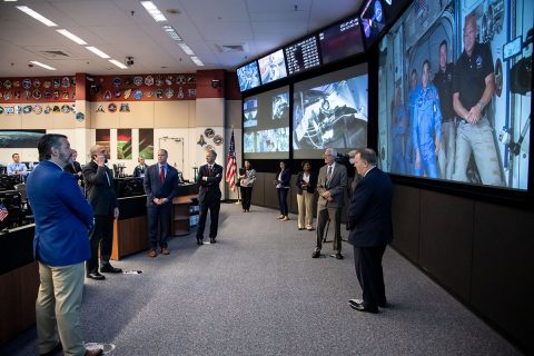 The Mission Control Center in Houston as Bob Behnken and Doug Hurley are welcomed aboard the International Space Station. (NASA / Bill Stafford)